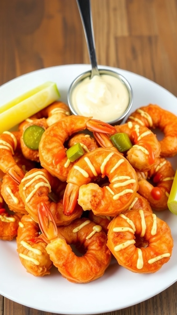Nashville Hot Shrimp Air Fryer Recipe Crispy Nashville hot shrimp served with pickles and hot sauce on a rustic wooden table.